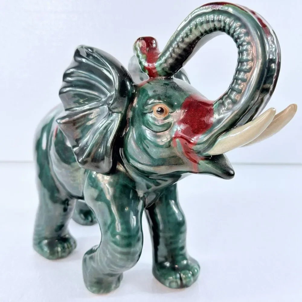 Vtg 1950's Ceramic Art Pottery Elephant Figurine Lucky Trunk Up Green Red Glaze